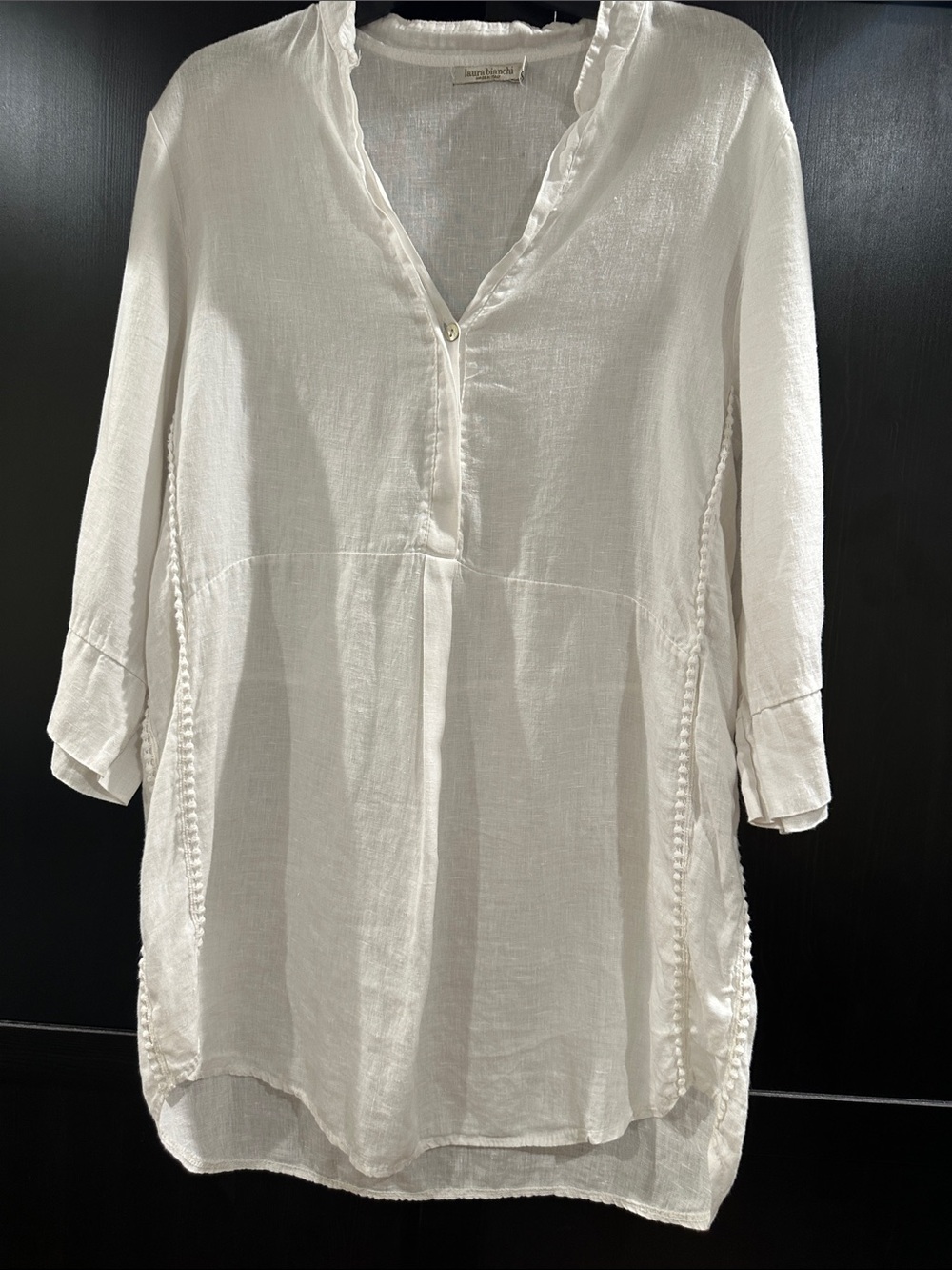 Relaxed White Linen V-Neck Tunic with Braided Side Trim